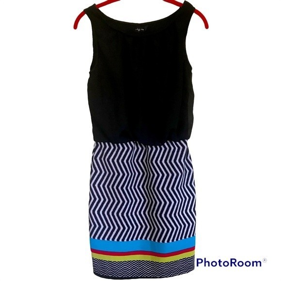Ruby Rox Dress Sz S Black Top with Striped Bottom Blue Red Yellow - Picture 1 of 7